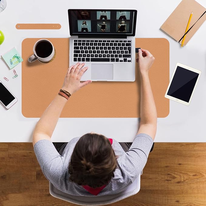 Boutilon Leather Desk Pad 24"x 14" Non-Slip Mouse Pad,Office Desk Mat,Waterprooft PU Leather Desk Blotter,Desk Pad Protector,Desk Writing Pad for Home Office Decor (S-Orange Pink)