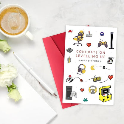 Happy Birthday Gaming Letterpress Card for Him Her, Funny Gamer Birthday Card for Son Daughter, Unique Game Boy Birthday Card, Game Birthday Party Decorations for Brother Boyfriend Husband