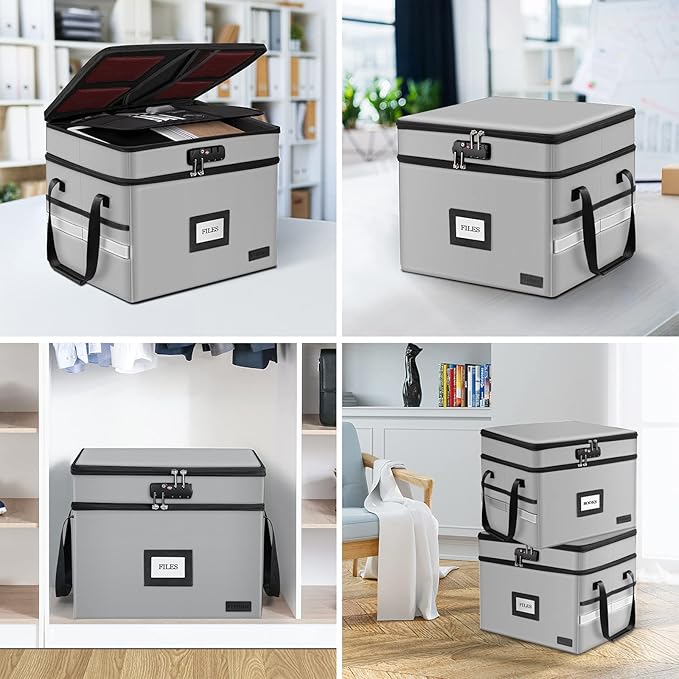 Fireproof Document Box with Lock, 2-Layer File Box Storage Organizer with 5 Tabs& Insert, Portable File Cabinet Storage Box with Handle for Hanging Letter/Legal Size Folder/Certificate, Silver Grey