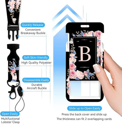 A-Z Badge Holder with Retractable Reel and Breakaway Lanyard Badge Clips Retractable Heavy Duty Badge Reel，Keychain，ID Holder with Breakaway Lanyard for School Nurse Office Teen B