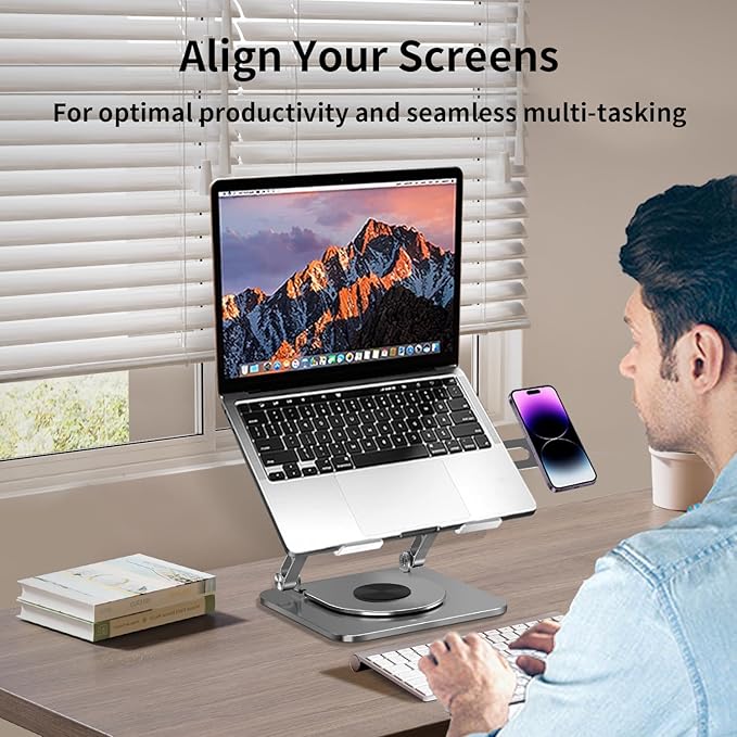 Laptop Stand for Desk Adjustable Height, Laptop Riser for Desk Adjustable Height 360° Rotating, Laptop Holder with Magnetic Compatible Phone Holder, 10-17.4" Laptops