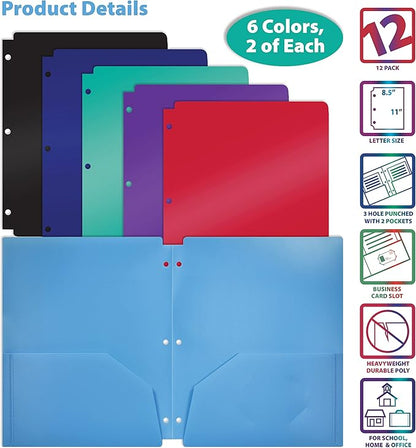 Better Office Products 3 Hole Punch Pocket Folders, Bulk Pack, Sturdy Plastic 2 Pocket Folders, Assorted Primary Colors, Letter Size, with Business Card Slot,(12 Pack)