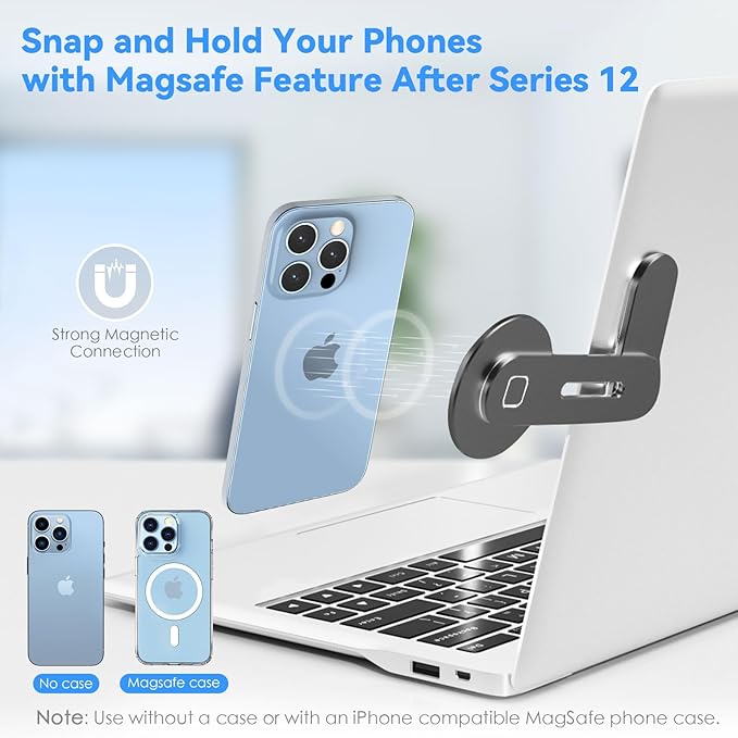 CloudValley Adjustable Laptop Stand, Magnetic Phone Holder, Aluminum Slim Computer Monitor Side Mount Clip for iPhone MagSafe Series & All Phones, Portable Foldable Computer Expansion Bracket, Black