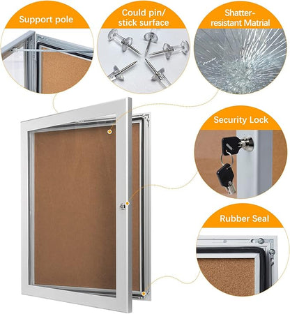 Locking Enclosed Bulletin Board Aluminum Cork Memo Board Wall Mount Noticeboard with Rubber Seal Tamperproof Single Door Display Case for Indoor Or Outdoor Use, 26.8×20 in