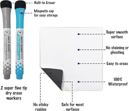 Dry Erase Reusable Sticky Notes - 12 Pack of 4″x4″ Whiteboard Stickers for Lists, Labels, Reminders & Decals - 2 Magnetic Markers - Adheres to Most Surfaces