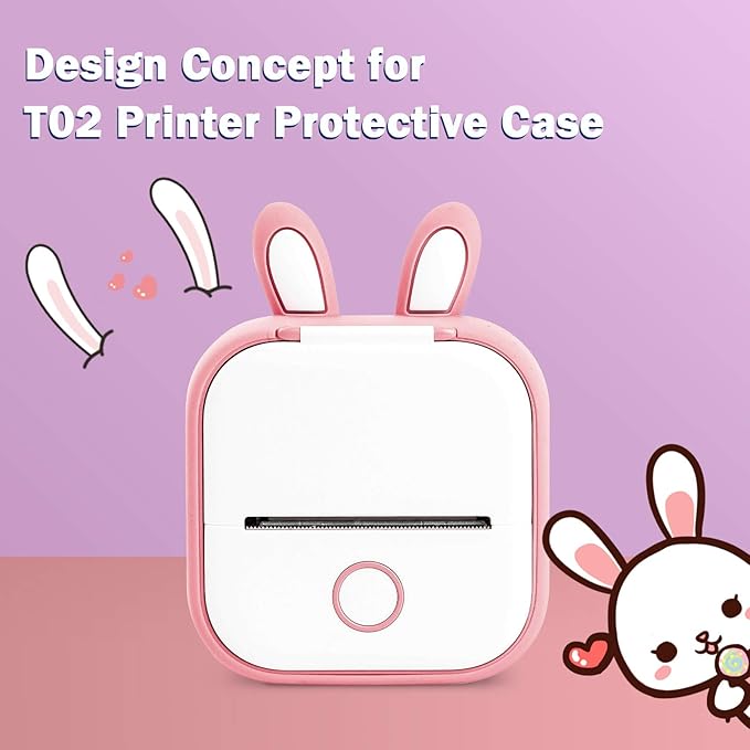 Memoking T02 Protective Case-Bunny Ears Shape Soft Silicone BPA-Free Cute Design Printer Cover, Compatible with T02 Mini Bluetooth Wireless Portable Mobile Pocket Printer, Pink