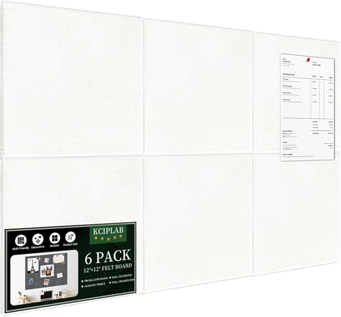 Large Cork Bulletin Board for Wall 36"x24", 6 Pack Felt Wall Tiles with 50 Pushpins, 30 Safe Removable Adhesive Tabs, Decorative Pin Board Tack Board for Office Home School, White