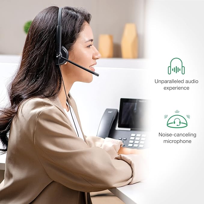 Yealink Phone Headsets for Office Phones YHS34 Lite QD to RJ9 Wired Headset Compatible with Poly Snom Grandstream Phones Desk Landline Headset with Microphone -Mono/72g/2.1m Cable