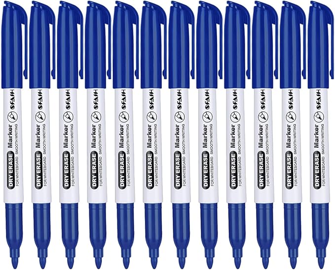 SFAIH Fine Tip Dry Erase Markers - 12 Pack Blue Whiteboard Erasable Markers Bulk for Kids Adults, Ideal for Classroom School Office Home Use on White Board, Non-Toxic Easy Clean