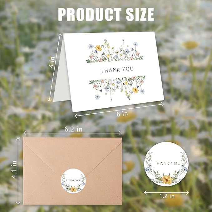 Thank You Cards with Envelopes(25 pack 4x6), Blank Cards with 5 Wildflower Designs, Perfect for Bridal Shower, Baby Shower, Wedding, Birthday, All Occasion