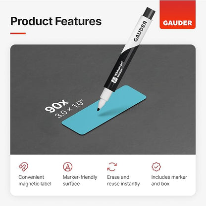 GAUDER Magnetic Dry Erase Labels | 90x Magnetic Labels (3 Inches x 1 Inch) | Dry Erase Magnets for Classroom, Whiteboard and Blackboard