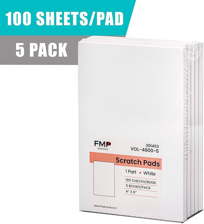 FMP Brands 5 Pack Note Pads 4x6, 100 Sheets Per Memo Pad, Writing Scratch Pad, Blank Notepad, White Waitress Server Note Pads, Paper Pad, To Do Grocery List Small Notepads
