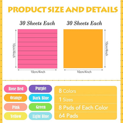 Yexiya 64 Pcs Lined Sticky Notes Self Stick Notes with Lines Bright Assorted Colors Sticky Pad for Home Office Products Post Memos, 1920 Sheets(3 x 3 Inch,Lined, Blank)