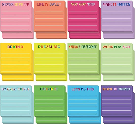 Yinder 24 Pcs Inspirational Sticky Notes with Lines Cute Motivational Sticky Notes Pad Employee Appreciation Gifts Bulk for Teacher Nurse Coworkers Office Supplies 3 x 3''(Dark Color,Motivational)