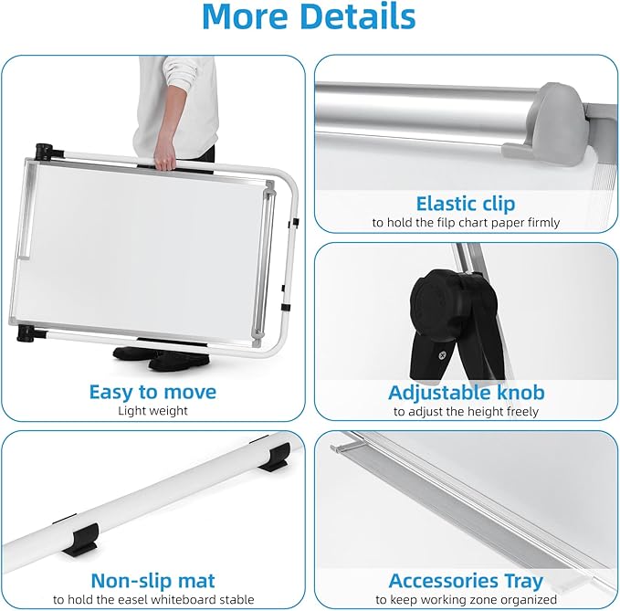 Stand Whiteboard Magnetic, 36” x 24” Double-Sided Flip Chart Easel Portable Dry Erase Board, Height Adjustable & 360° Rotating Whiteboard for Home Office Classroom, White