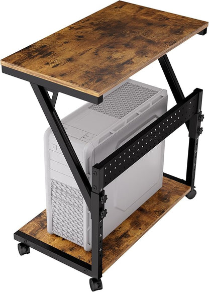 Computer Tower Cart - Height Adjustable PC Stand, 2-Tier ATX-Case CPU Holder Home Office Gaming Desk Accessories with Rolling Lockable Wheels, Laptop Table Standing Computer Desk, Rustic Brown
