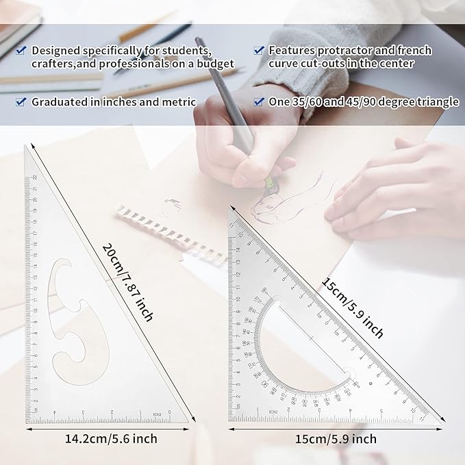 5 Pieces Drafting Tools Plastic Transparent Rulers Drawing Ruler 12 Inch T-Square 180 Degree Protractor, 2 Triangles and a French Curve for Students and Engineering Drawing