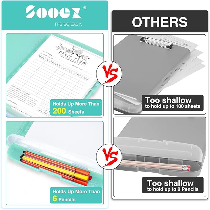 Sooez Glitter Clipboard with Storage, High Capacity Clip Boards 8.5x11 with Pen Holder, Cute Clipboards with Low Profile Clip, Sparkle Plastic Clip Board Case Box for Women & Kids, Side Opening