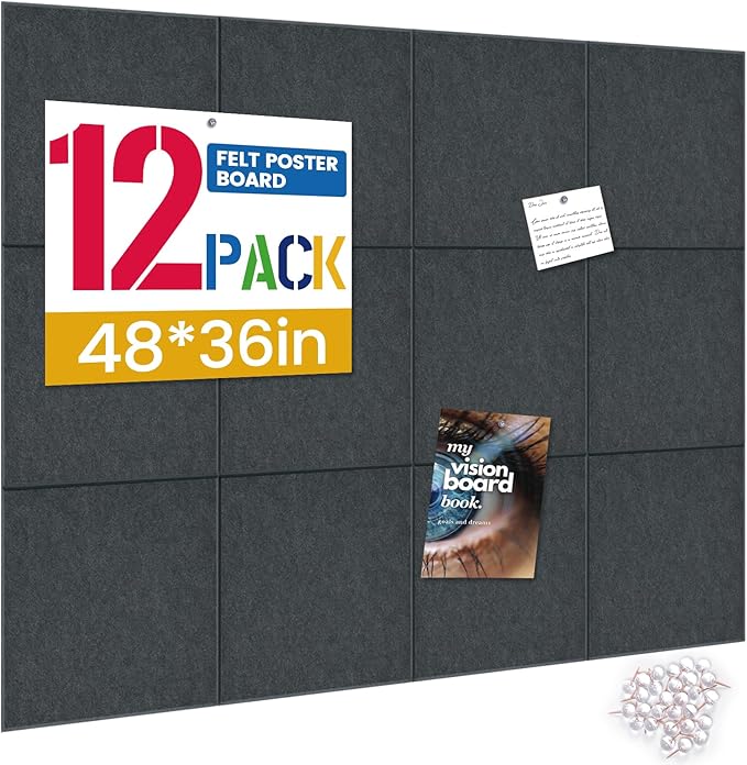 Large Cork Board for Walls with 30 Push Pins-48"X36", Easy to Peel&Stick Vision Bulletin Board Tiles, Black Poster Felt Board Supplies Set Home Office Classroom Corkboard Decor Self Adhesive