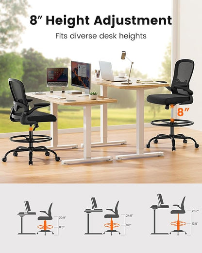ErGear Drafting Chair, Standing Desk Chair with Flip-Up Armrests, High Desk Chair Adjustable Height, Ergonomic Tall Office Chair with Lumbar Support and Adjustable Footrest Ring