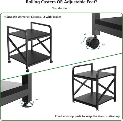 Ollieroo 2 Tier Printer Stand with Storage Shelf, Printer Table with Height Adjustable Top Shelf, Under Desk Storage Printer Cart for Paper Shredder Scanner, 3D Printer Stand for Home Office(Black)