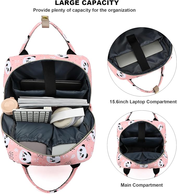 Panda Laptop Backpack College Bookbag School Backpack for Women Girls, Travel Backpack 15.6 Inch Computer Backpacks (Pink)