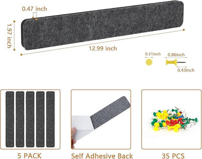 Felt Pin Board Bar Strips Bulletin Board for Bedrooms Offices Home Wall Decoration, Notice Board Self Adhesive Cork Board with 35 Push Pins for Paste Notes, Photos, Schedules