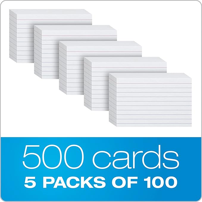 Oxford Index Cards, 3 x 5 Inches, White, Lined on Front, Blank on Back, Flashcards for School and Studying, Recipe Note Cards, 500 Count (5 Packs of 100) (40176)