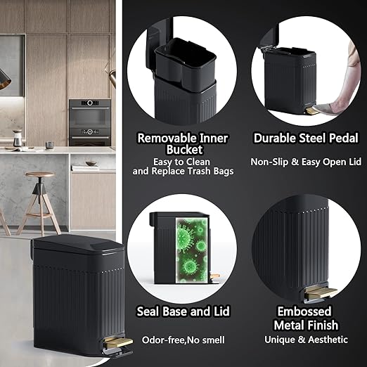 Small Bathroom Trash Can with Lid Soft Close-6L/1.6 Gal Slim Step Garbage Can-Metal Pedal Wastebasket-Narrow Rectangle Garbage Container Bin for Corner Office, Bedroom, Toilet, Live Room-Black