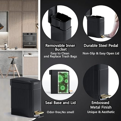Small Bathroom Trash Can with Lid Soft Close-6L/1.6 Gal Slim Step Garbage Can-Metal Pedal Wastebasket-Narrow Rectangle Garbage Container Bin for Corner Office, Bedroom, Toilet, Live Room-Black