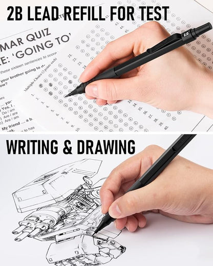 Nicpro Black Art Mechanical Pencil Set, 5PCS Metal Drafting Pencils 0.3, 0.5, 0.7, 0.9 mm & 2mm Graphite Lead Holder For Sketching Drawing With 9 Tubes (4B 2B HB 2H Colors) Lead Refills Erasers Case