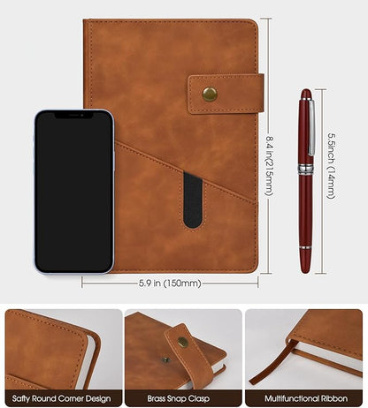 Brown A5 Lined Leather Journal Notebook for Men Women,5.9" X 8.4" Personalized Hardcover Journal with Pen,200 Pages 100 Gsm Thick Ruled Paper Daily Diary for Travel,Business,Work,Writing