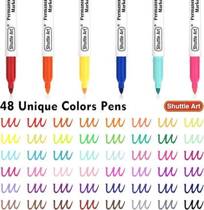 Shuttle Art 48 Colors Permanent Markers, Fine Point, Assorted Colors, Works on Plastic,Wood,Stone,Metal and Glass for Doodling, Coloring, Marking