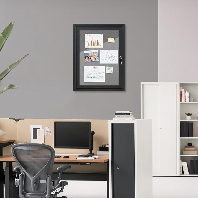 26"x20" Enclosed Bulletin Board, Outdoor Lockable Weather-Resistant Aluminum Cork Noticeboard for School & Office, Black Frame w/Grey Flet