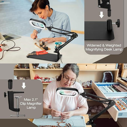 10X Square Magnifying Glass with Light and Stand, Real Glass 5 Color Modes, Brightness Stepless Dimming Lighted Magnifier Hands Free, 2-in-1 Desk Lamp with Clamp for Close Work, Crafts, Hobby, Reading