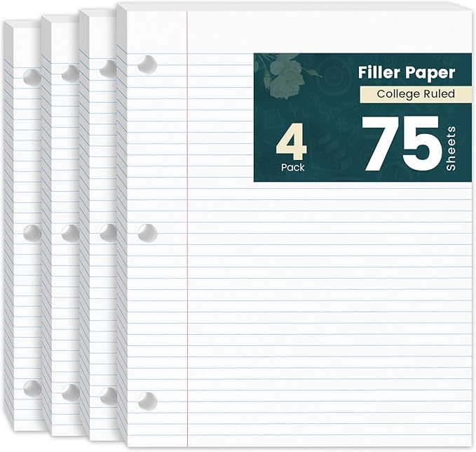 College Ruled Paper 8 x 10.5 Loose Leaf Paper, 4 Pack Notepad 8 x 10.5 Lined Paper for Work, College Ruled Notebook Paper for 3 Ring Binders, 75 sheets, loose leaf paper college ruled for School
