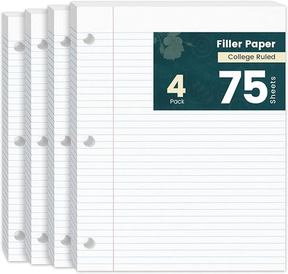 College Ruled Paper 8 x 10.5 Loose Leaf Paper, 4 Pack Notepad 8 x 10.5 Lined Paper for Work, College Ruled Notebook Paper for 3 Ring Binders, 75 sheets, loose leaf paper college ruled for School