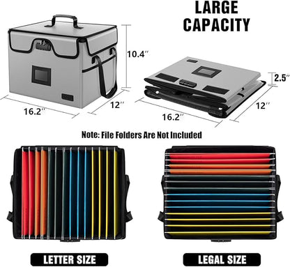 AMBOR File Box with Lock, Fireproof Document Box with 5 Tabs & Inserts, Collapsible File Organizer with Handle for Letter & Legal Size Folder/Certifications/Books Storage, Grey