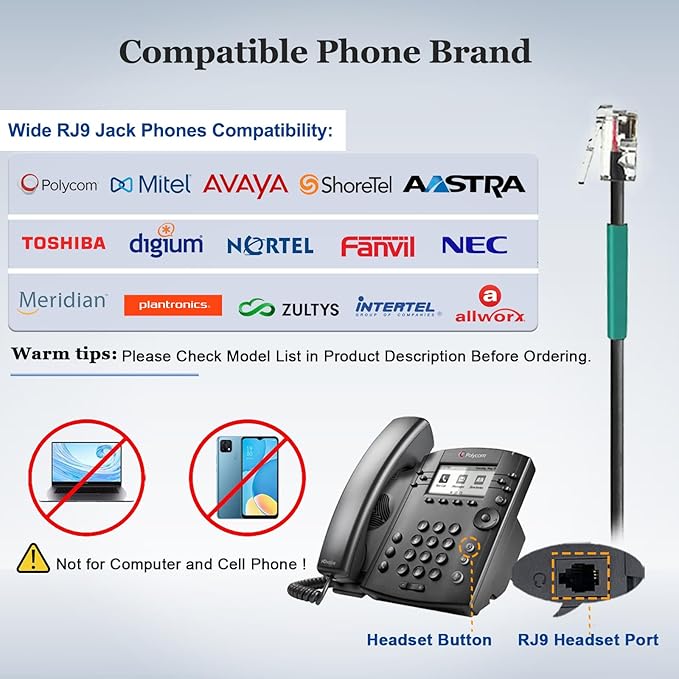 Callez RJ9 Telephone Headset Dual for Polycom Phone with Noise Cancelling Mic & Corded Office Phone Headset Compatible with Polycom Avaya Plantronics Mitel ShoreTel Digium Nortel Landline Phones