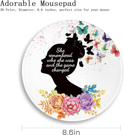 Gctriki Round Mouse Pad, Cute Butterfly Flower Mousepad for Laptop Gaming Women, with Stitched Edge Non-Slip Rubber Base, Feminist Inspirational Quote Mouse Pad, Home Office Decor Desk Accessories