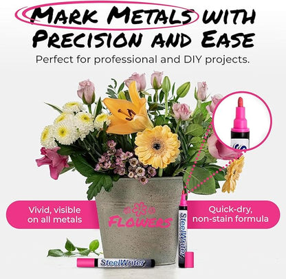 Metal Marking Paint Pen - Industrial Marker For Writing & Drawing on Steel and Metals - Washable Removable Paint Markers For Metal, Wet Erase Metal Paint, Pink Paint Pen for Construction and Welders