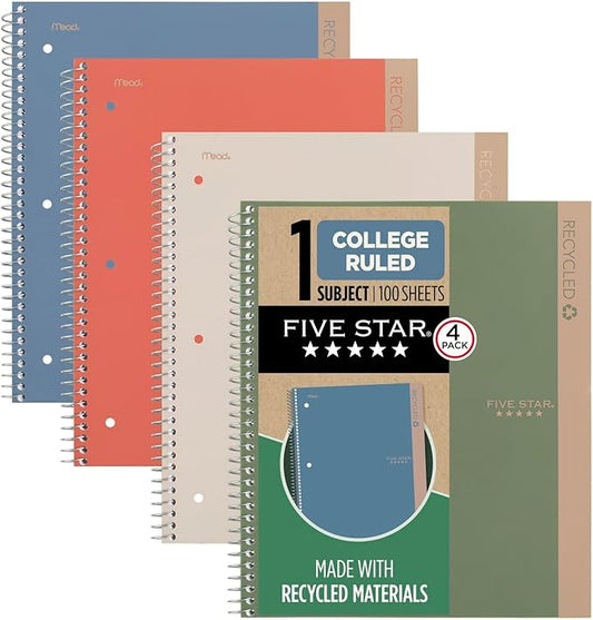 Five Star Spiral Notebooks + Study App, Recycled Cover, 4 Pack, 1 Subject, College Ruled Paper, 8-1/2” x 11", 100 Sheets per Notebook, Zion Clay, Olympic Green, Glacier Blue, Smoky Gray (820046)