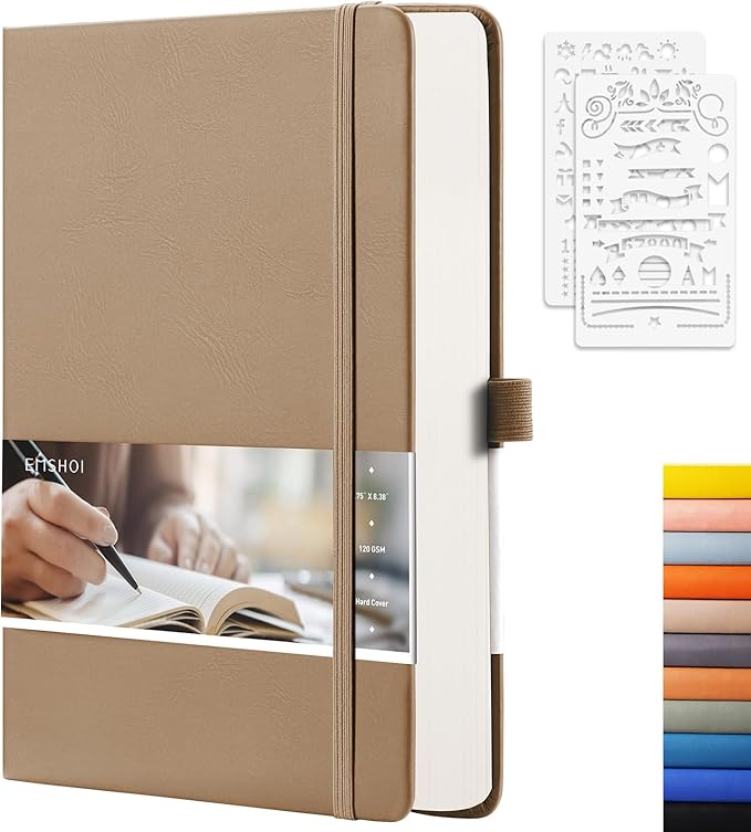 EMSHOI Dotted Notebook - 256 Pages A5 Dot Grid Journal Bullet Notebook with 120gsm Thick Dotted Paper,16 Perforated Pages, Hardcover Leather, Pen Holder, Inner Pocket, 5.75'' × 8.38''-Khaki