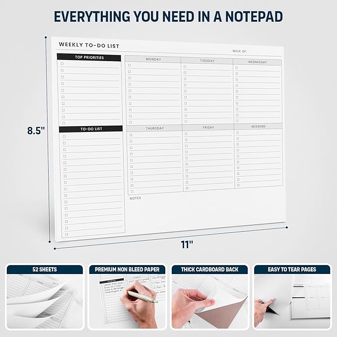Weekly Planner Pad: To Do List Desk Notepad with Multiple Sections - 8.5x11" 52 Sheets - Undated Tear Off Notebook Calendar - Habit Planning Tracker, Task Goal Checklist Organizer - Agenda Plan Pad