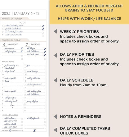 Essential PRO 2025 Daily, Weekly & Monthly Planner, 7"x9": 14 Months (Nov 2024 - Dec 2025) Monthly Tabs,Daily Tracking,Notes Pages,Storage Pocket,Bookmark w Sticky Notes (Teal Floral)