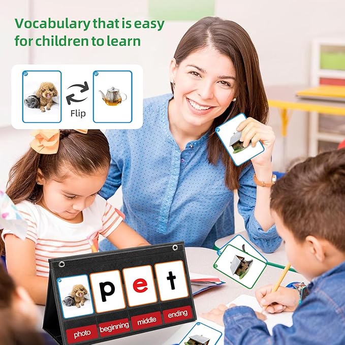 CVC Word Builder Desktop Pocket Chart with 107 Cards, Kids Word Builder Games for CVC CVCC CCVC Learning Reading Spelling Early Education Tool for Preschool Kindergarten Classroom.