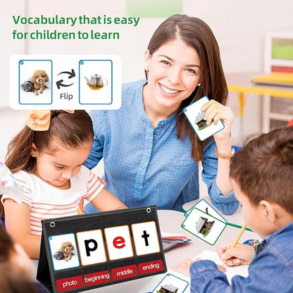 CVC Word Builder Desktop Pocket Chart with 107 Cards, Kids Word Builder Games for CVC CVCC CCVC Learning Reading Spelling Early Education Tool for Preschool Kindergarten Classroom.