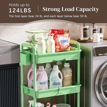 3 Tier Rolling Utility Cart with Drawer, Utility Storage Organizer with Plastic Shelf & Lockable Wheels Multifunctional Storage Cart for Kitchen, Bathroom, Office, Living Room, Green