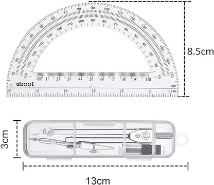 EBOOT Student Geometry Math Set, Drawing Compass and 6 Inch Clear Swing Arm Protractors 180 Degree Math Protractor (Argent, Classic)