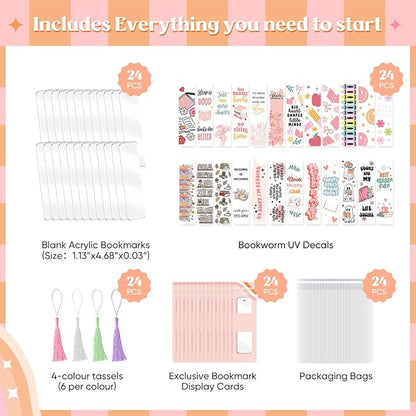 48PCS Bookmark Making Kit, 24 Acrylic Bookmark Blanks with 24Pcs Tassels, 24UV Stickers about Booklover Theme, DIY Blank Bookmarks Waterproof UV DTF Transfers Stickers for Clear Bookmarks DIY Projects